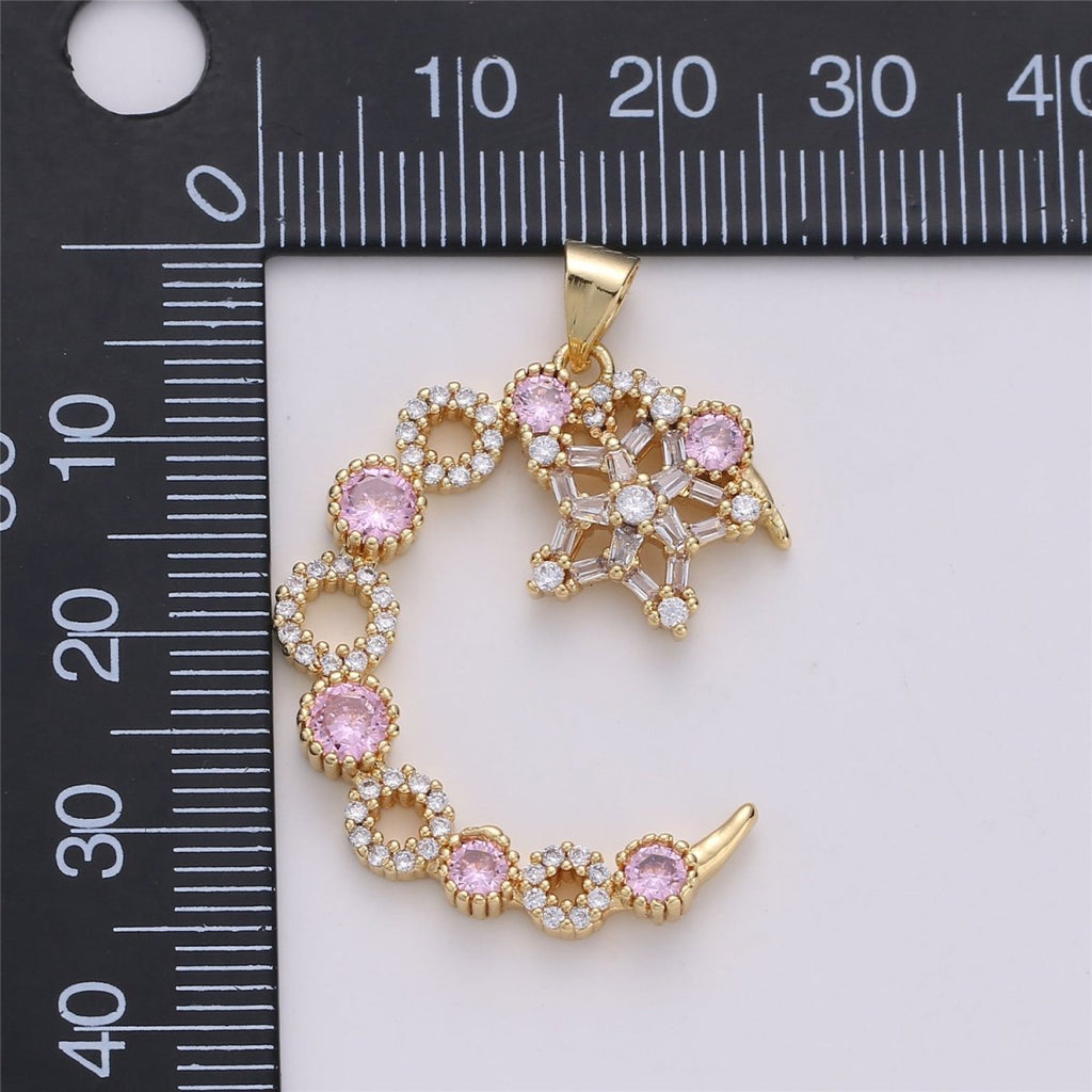 24K Gold plated Pink Clear Micro Paved Cubic Zirconia Moon and Stars Pendant I-577 - DLUXCA