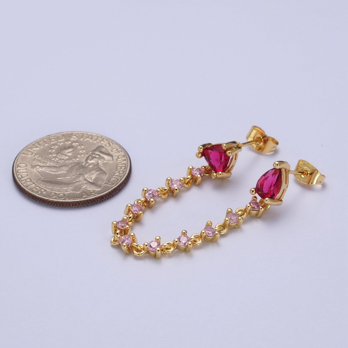 24K Gold plated Pink Cubic Zirconia Chain Link Double Fuchsia Teardrop Stud Earrings | Y-117 - DLUXCA