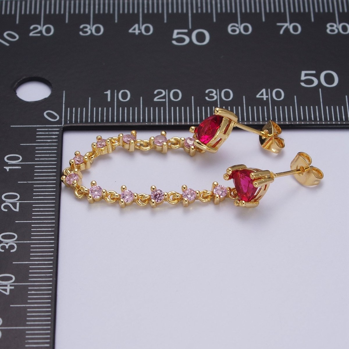 24K Gold plated Pink Cubic Zirconia Chain Link Double Fuchsia Teardrop Stud Earrings | Y-117 - DLUXCA