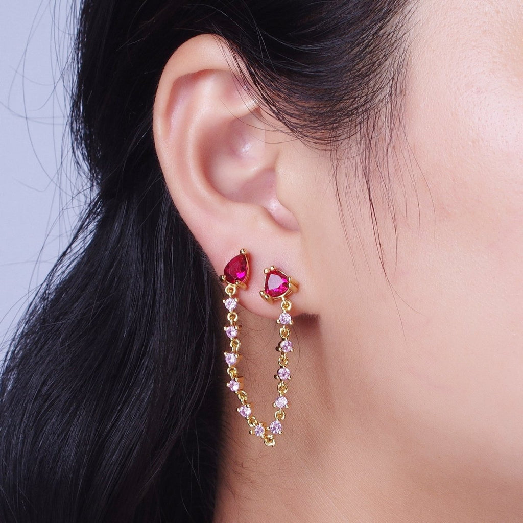24K Gold plated Pink Cubic Zirconia Chain Link Double Fuchsia Teardrop Stud Earrings | Y-117 - DLUXCA