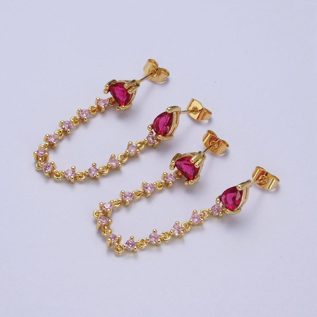 24K Gold plated Pink Cubic Zirconia Chain Link Double Fuchsia Teardrop Stud Earrings | Y-117 - DLUXCA