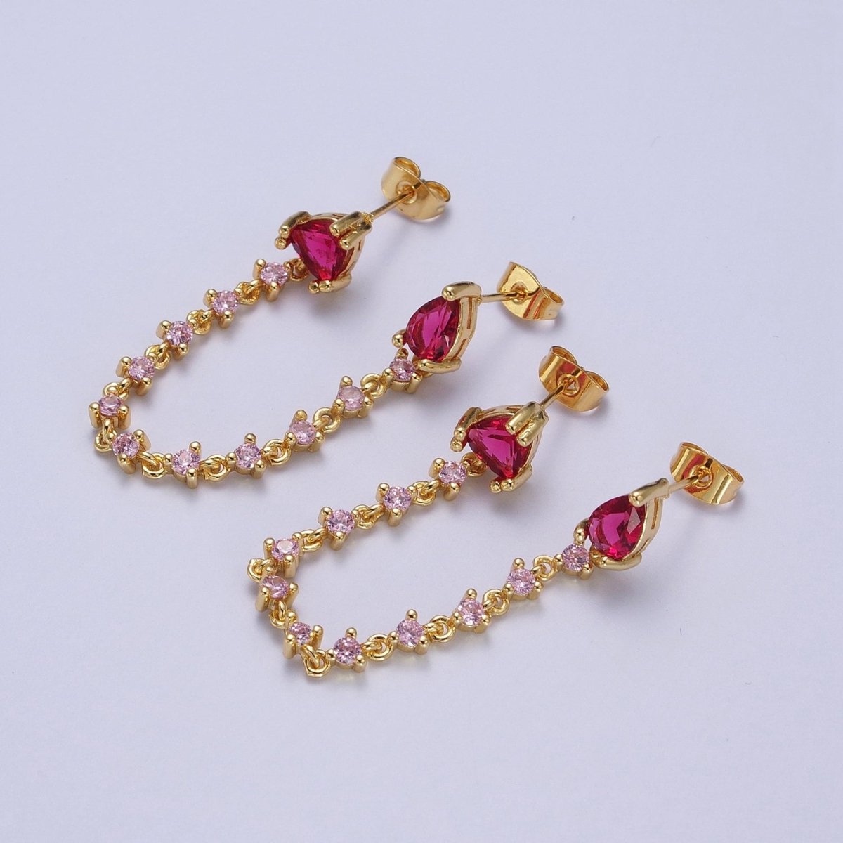 24K Gold plated Pink Cubic Zirconia Chain Link Double Fuchsia Teardrop Stud Earrings | Y-117 - DLUXCA