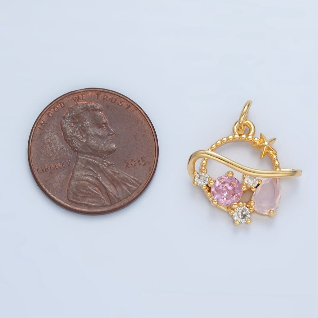 24K Gold plated Pink CZ Celestial Saturn Planet Open Charm | X280 - DLUXCA