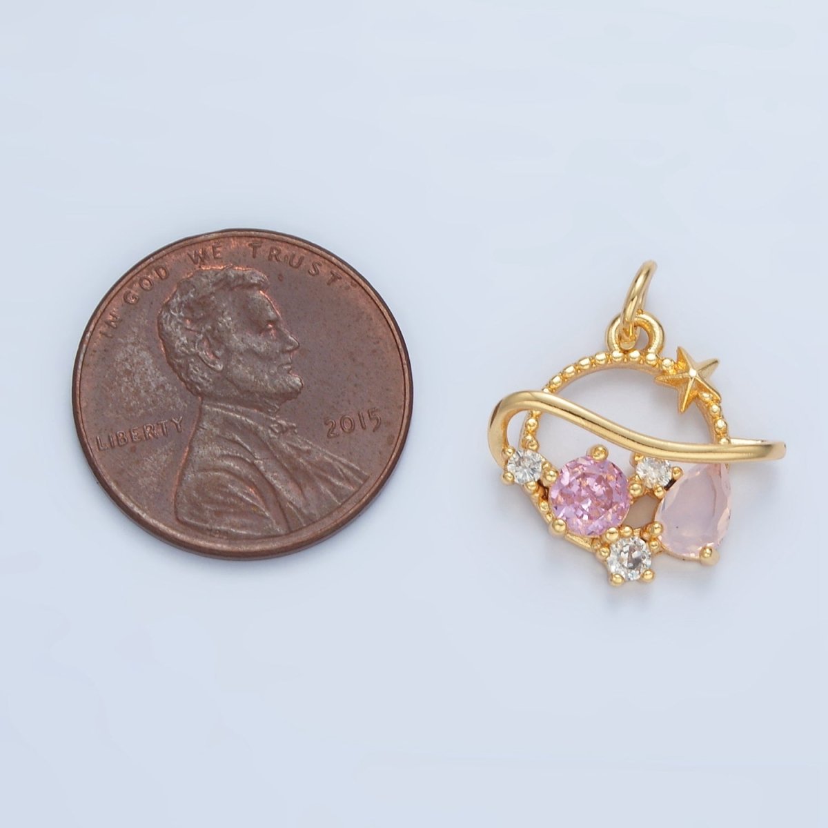 24K Gold plated Pink CZ Celestial Saturn Planet Open Charm | X280 - DLUXCA