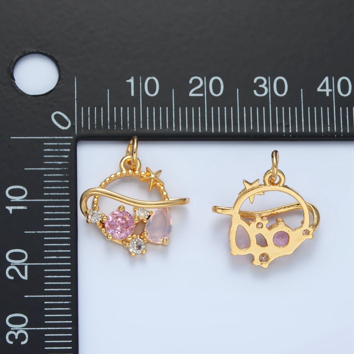 24K Gold plated Pink CZ Celestial Saturn Planet Open Charm | X280 - DLUXCA