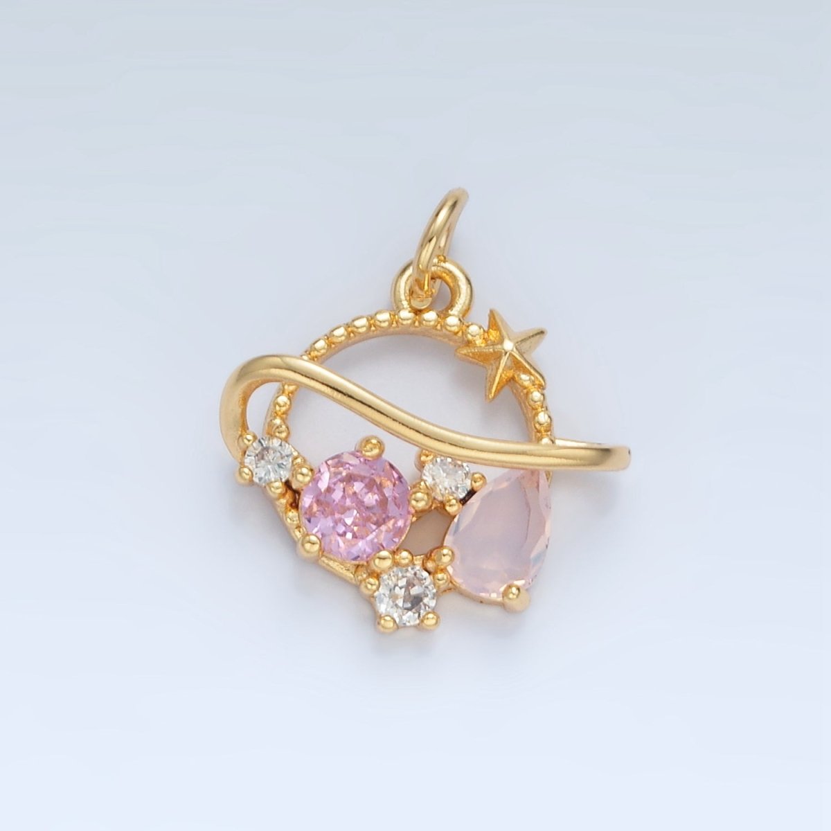 24K Gold plated Pink CZ Celestial Saturn Planet Open Charm | X280 - DLUXCA