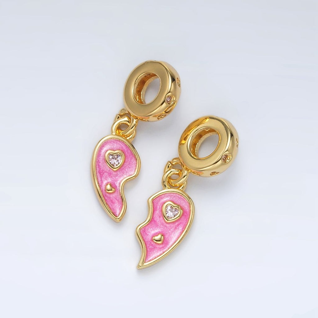 24K Gold plated Pink CZ Enamel Heart Double Rhondelle Bail Drop Pendant Set | AC100 - DLUXCA