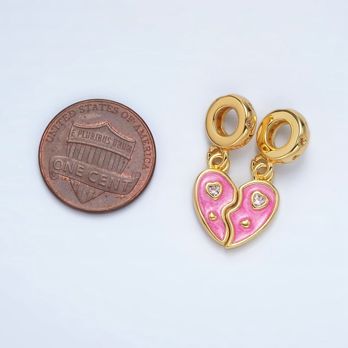 24K Gold plated Pink CZ Enamel Heart Double Rhondelle Bail Drop Pendant Set | AC100 - DLUXCA