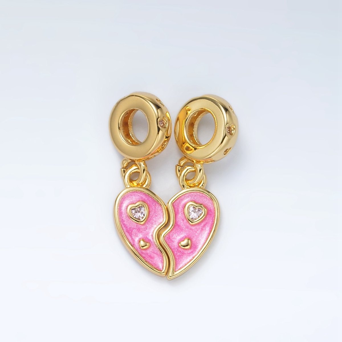 24K Gold plated Pink CZ Enamel Heart Double Rhondelle Bail Drop Pendant Set | AC100 - DLUXCA
