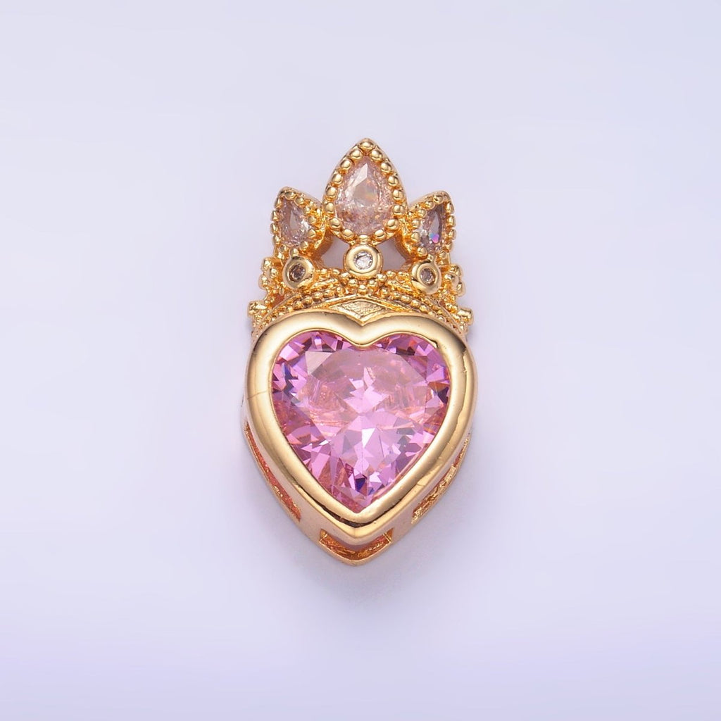 24K Gold plated Pink CZ Heart Crown Pendant in Gold & Silver | AA1441 