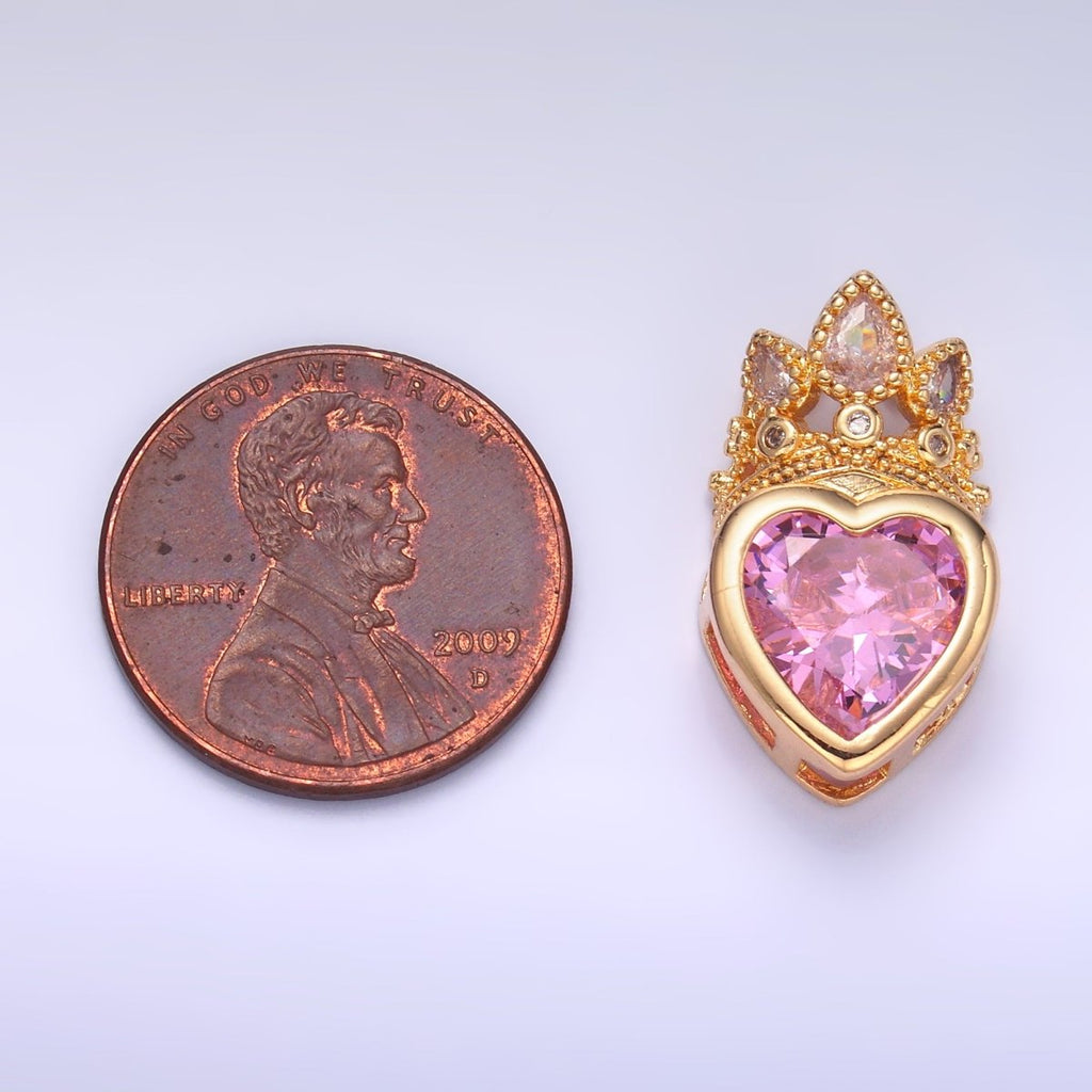 24K Gold plated Pink CZ Heart Crown Pendant in Gold & Silver | AA1441 