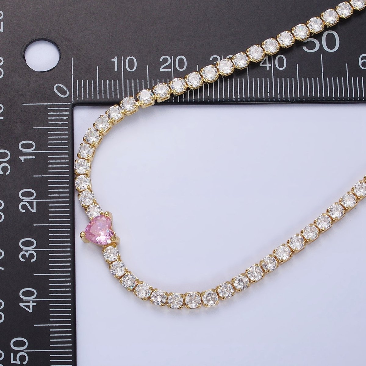24K Gold plated Pink CZ Heart Valentine Tennis Chain 13.5mm Choker Statement Necklace | WA-1673 Clearance Pricing - DLUXCA
