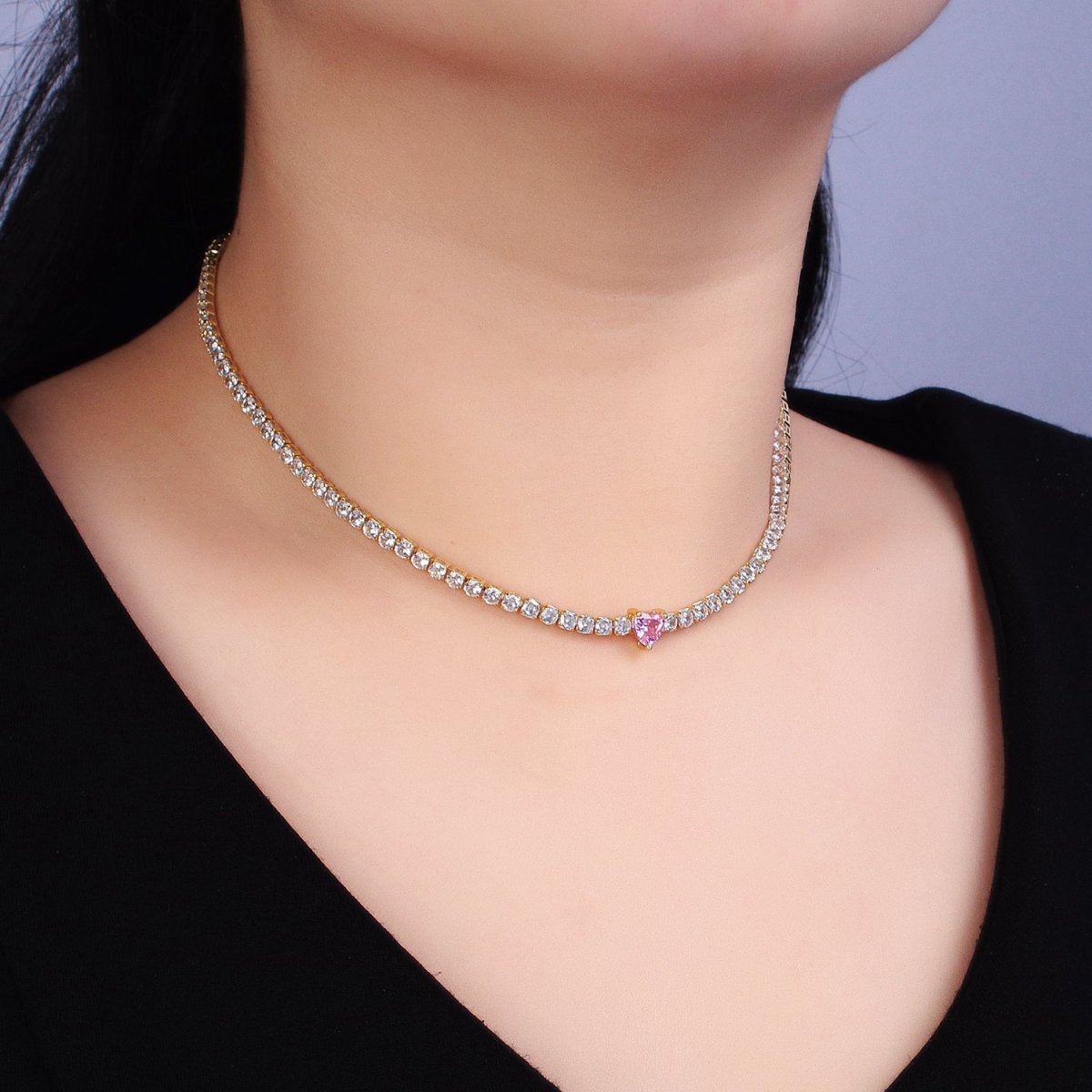 24K Gold plated Pink CZ Heart Valentine Tennis Chain 13.5mm Choker Statement Necklace | WA-1673 Clearance Pricing - DLUXCA