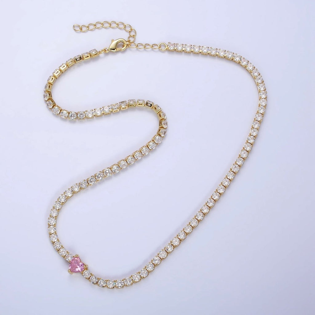 24K Gold plated Pink CZ Heart Valentine Tennis Chain 13.5mm Choker Statement Necklace | WA-1673 Clearance Pricing - DLUXCA