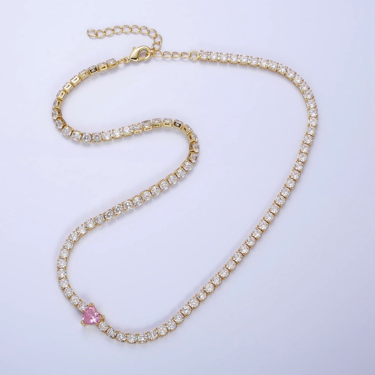 24K Gold plated Pink CZ Heart Valentine Tennis Chain 13.5mm Choker Statement Necklace | WA-1673 Clearance Pricing - DLUXCA