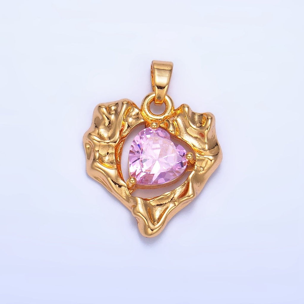 24K Gold plated Pink CZ Open Molten Heart Pendant | AA1024 - DLUXCA