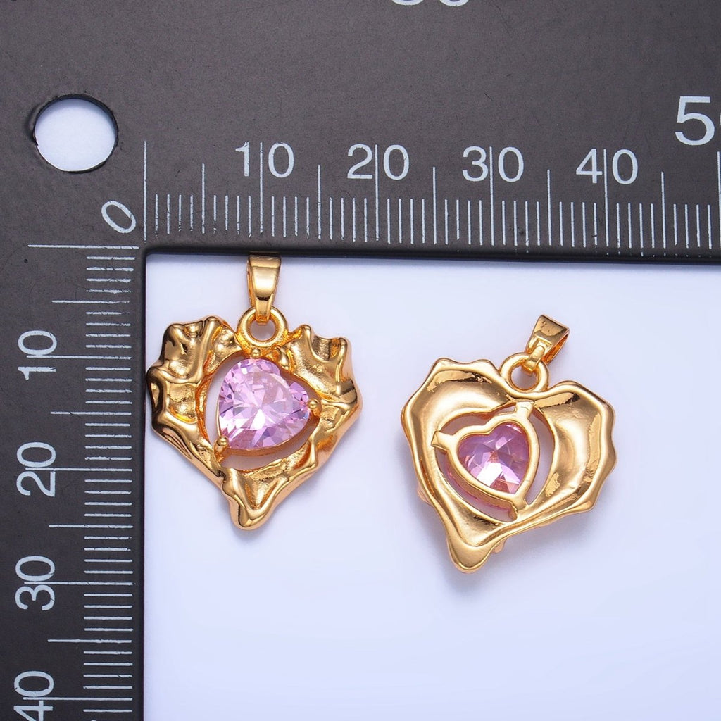 24K Gold plated Pink CZ Open Molten Heart Pendant | AA1024 - DLUXCA