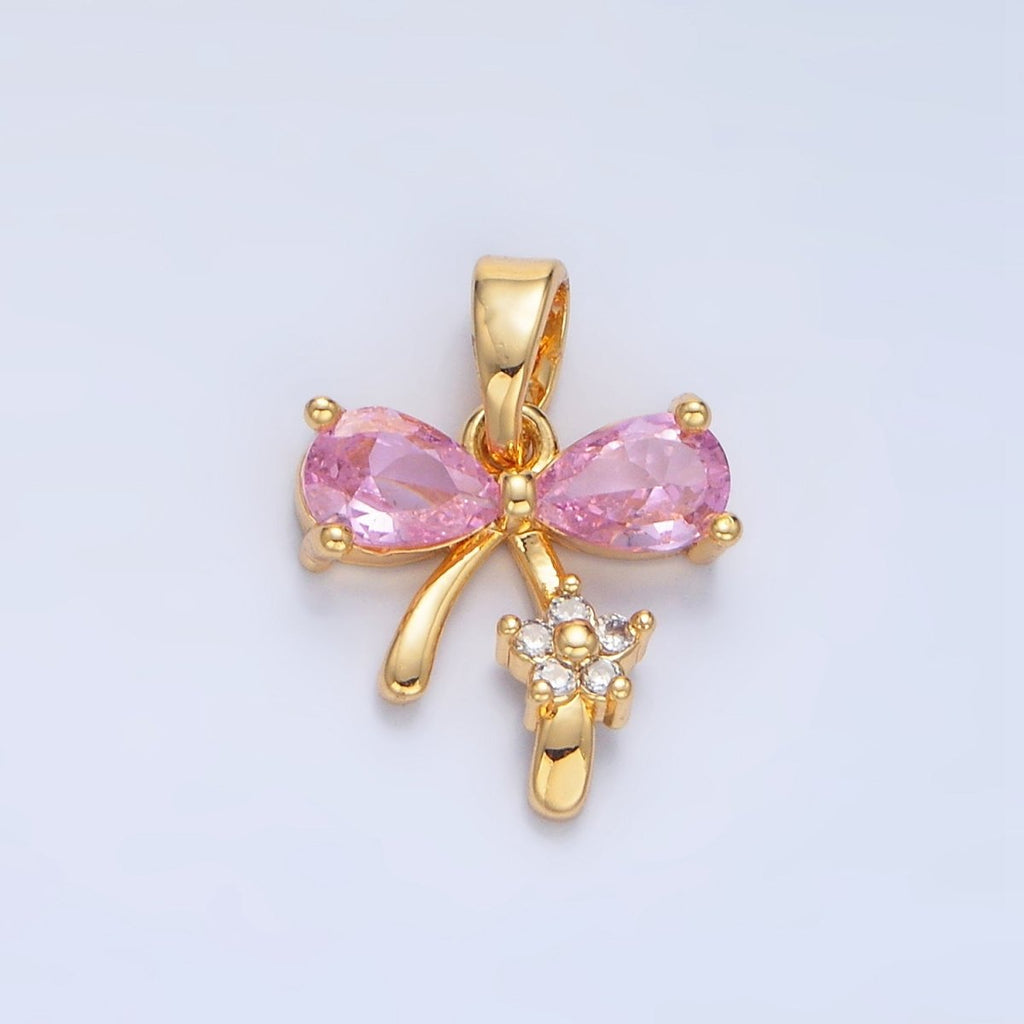 24K Gold plated Pink CZ Ribbon Bow Flower Pendant | AA797 - DLUXCA