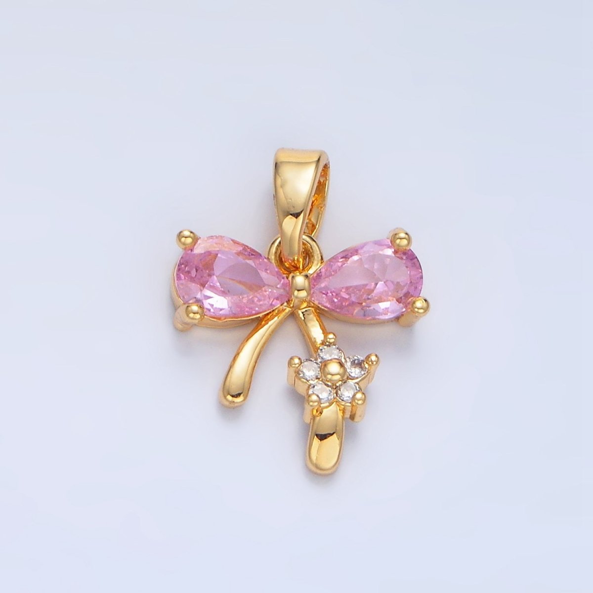 24K Gold plated Pink CZ Ribbon Bow Flower Pendant | AA797 - DLUXCA