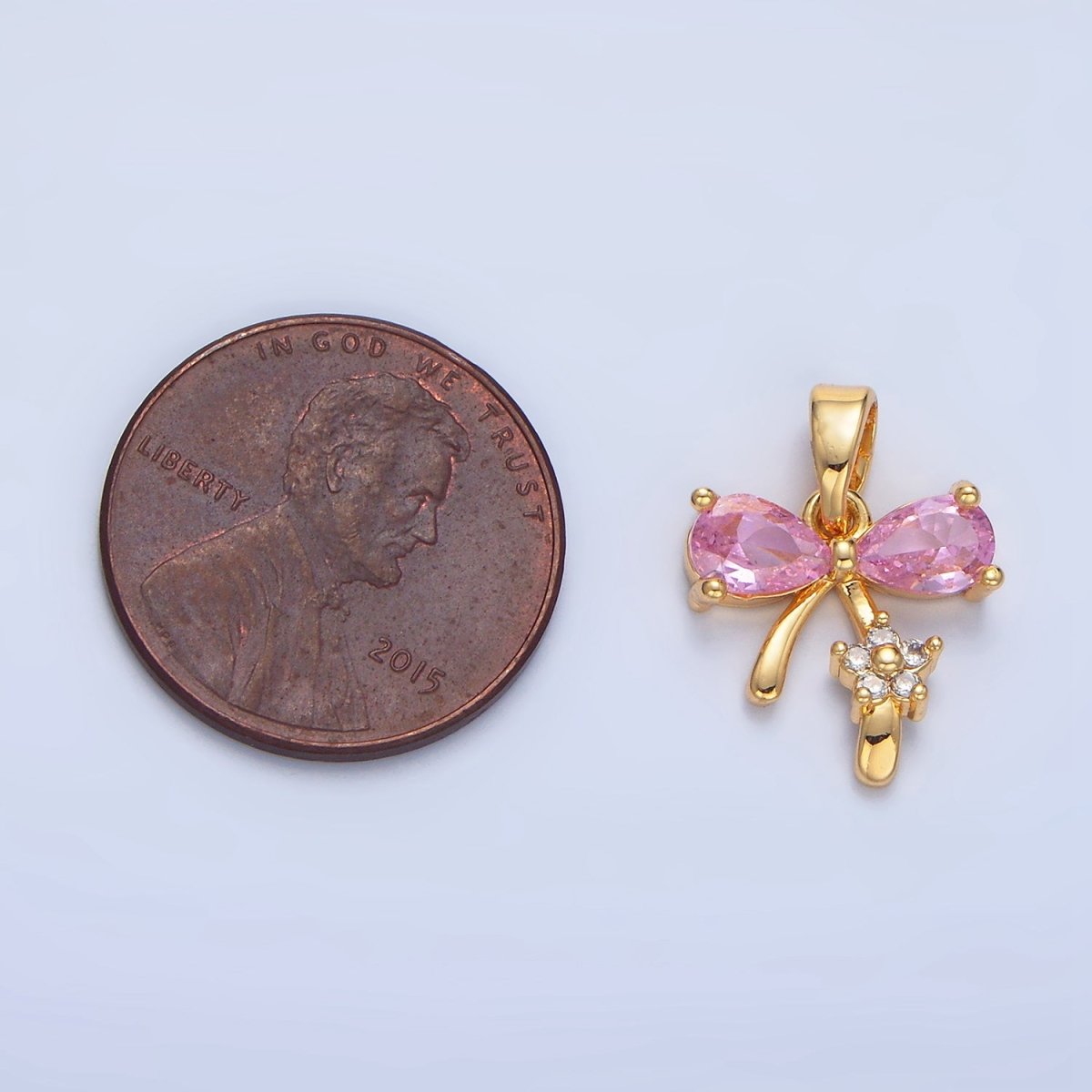 24K Gold plated Pink CZ Ribbon Bow Flower Pendant | AA797 - DLUXCA