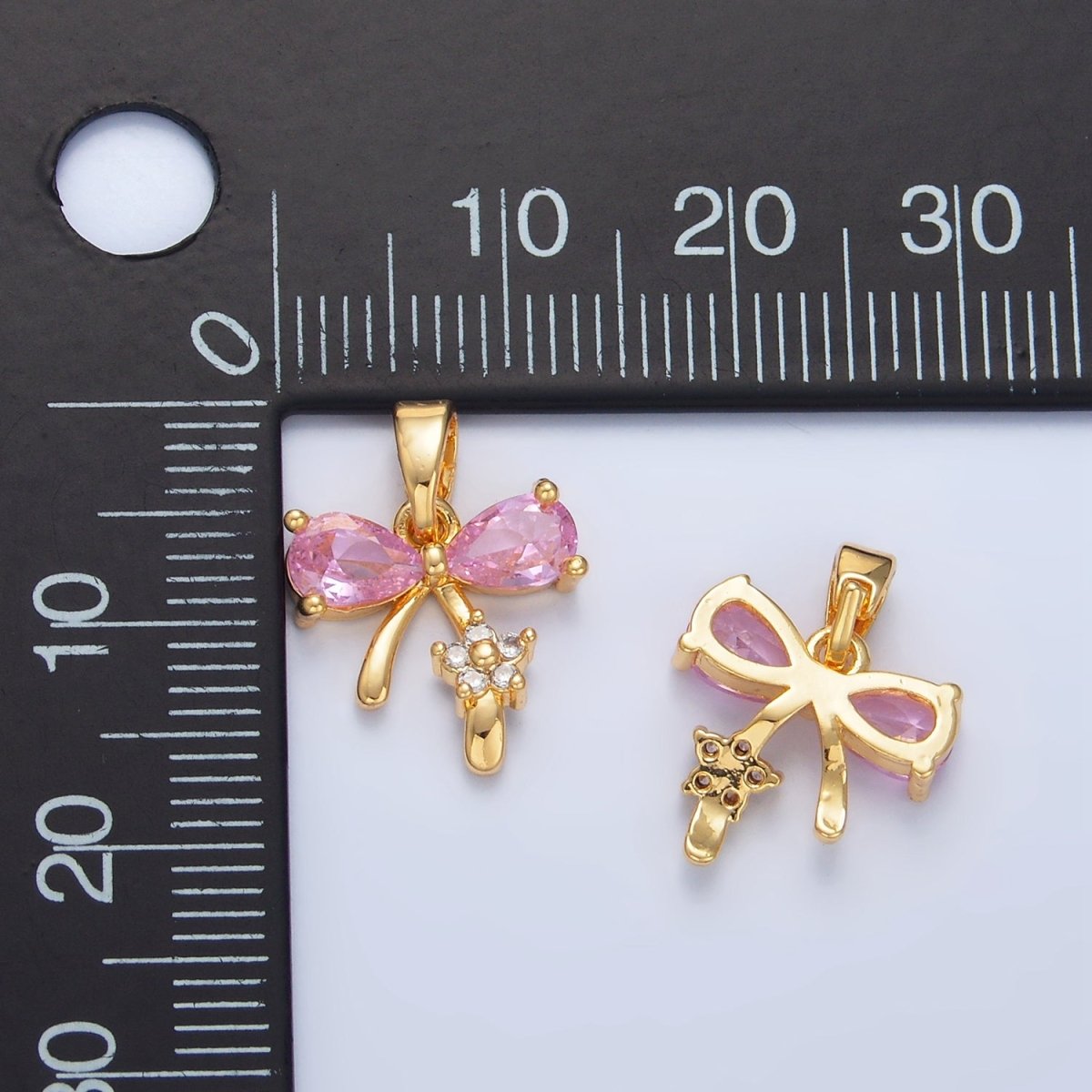 24K Gold plated Pink CZ Ribbon Bow Flower Pendant | AA797 - DLUXCA