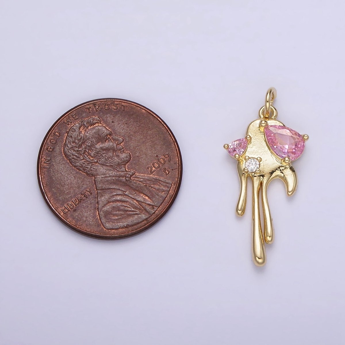 24K Gold plated Pink CZ Teardrop Molten Drip Charm | AG362 - DLUXCA