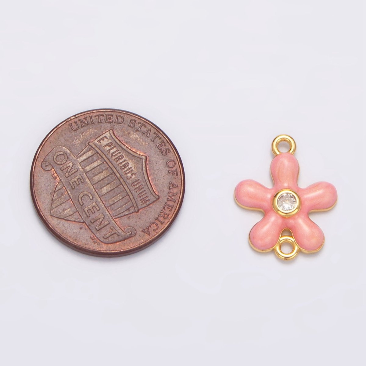24K Gold plated Pink Enamel CZ Flower Connector | F767 - DLUXCA
