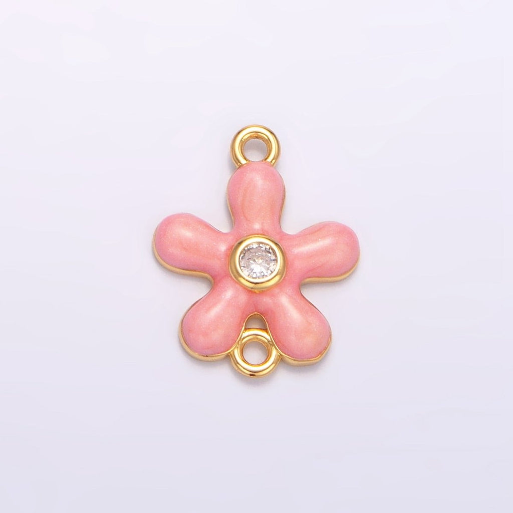 24K Gold plated Pink Enamel CZ Flower Connector | F767 - DLUXCA