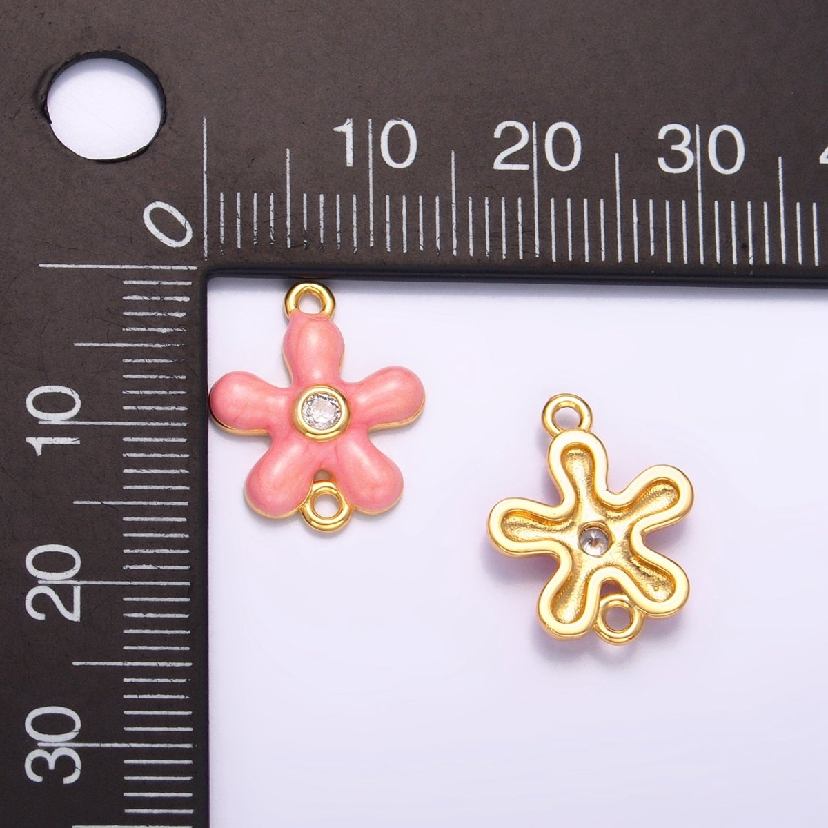 24K Gold plated Pink Enamel CZ Flower Connector | F767 - DLUXCA