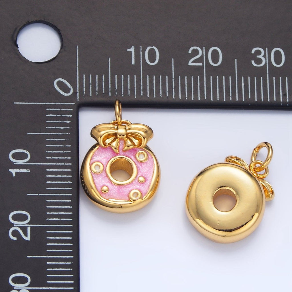 24K Gold plated Pink Enamel Donut Ribbon Bow Desert Charm | X836 - DLUXCA