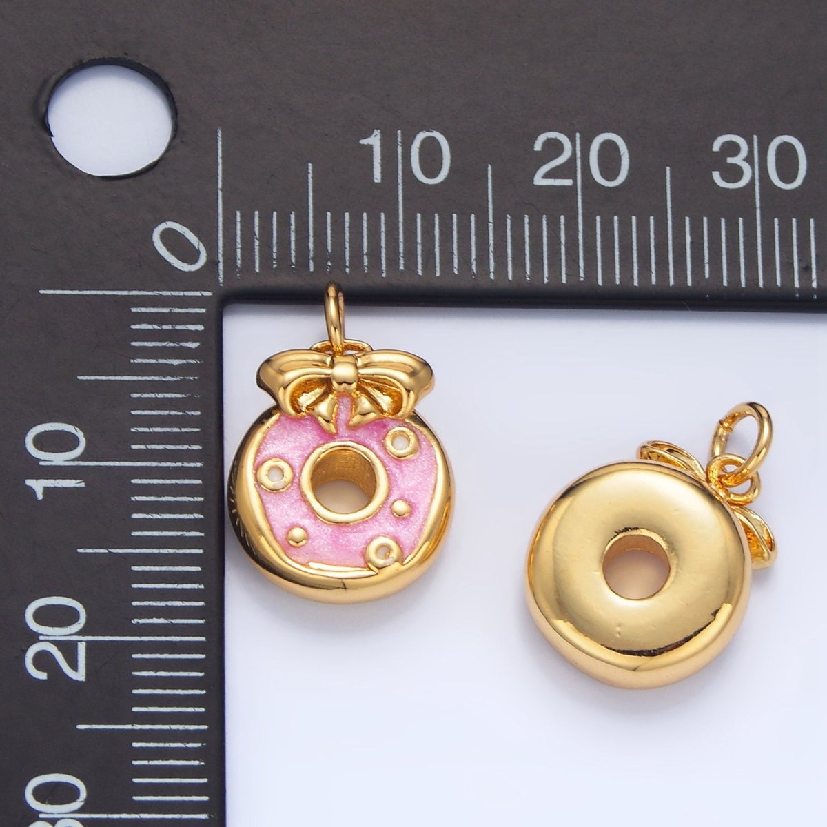 24K Gold plated Pink Enamel Donut Ribbon Bow Desert Charm | X836 - DLUXCA