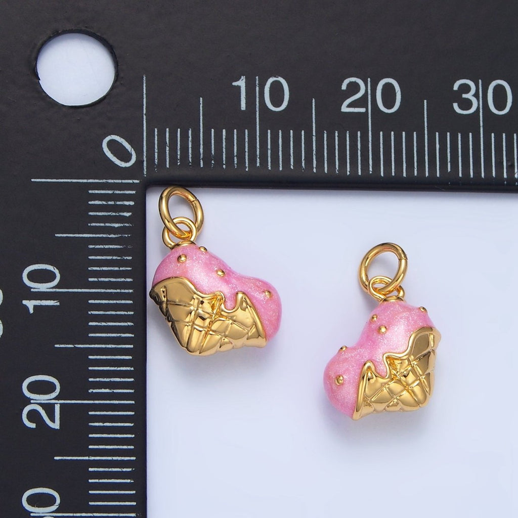 24K Gold plated Pink Enamel Double Ice Cream Cone Desert Charm | X835 - DLUXCA