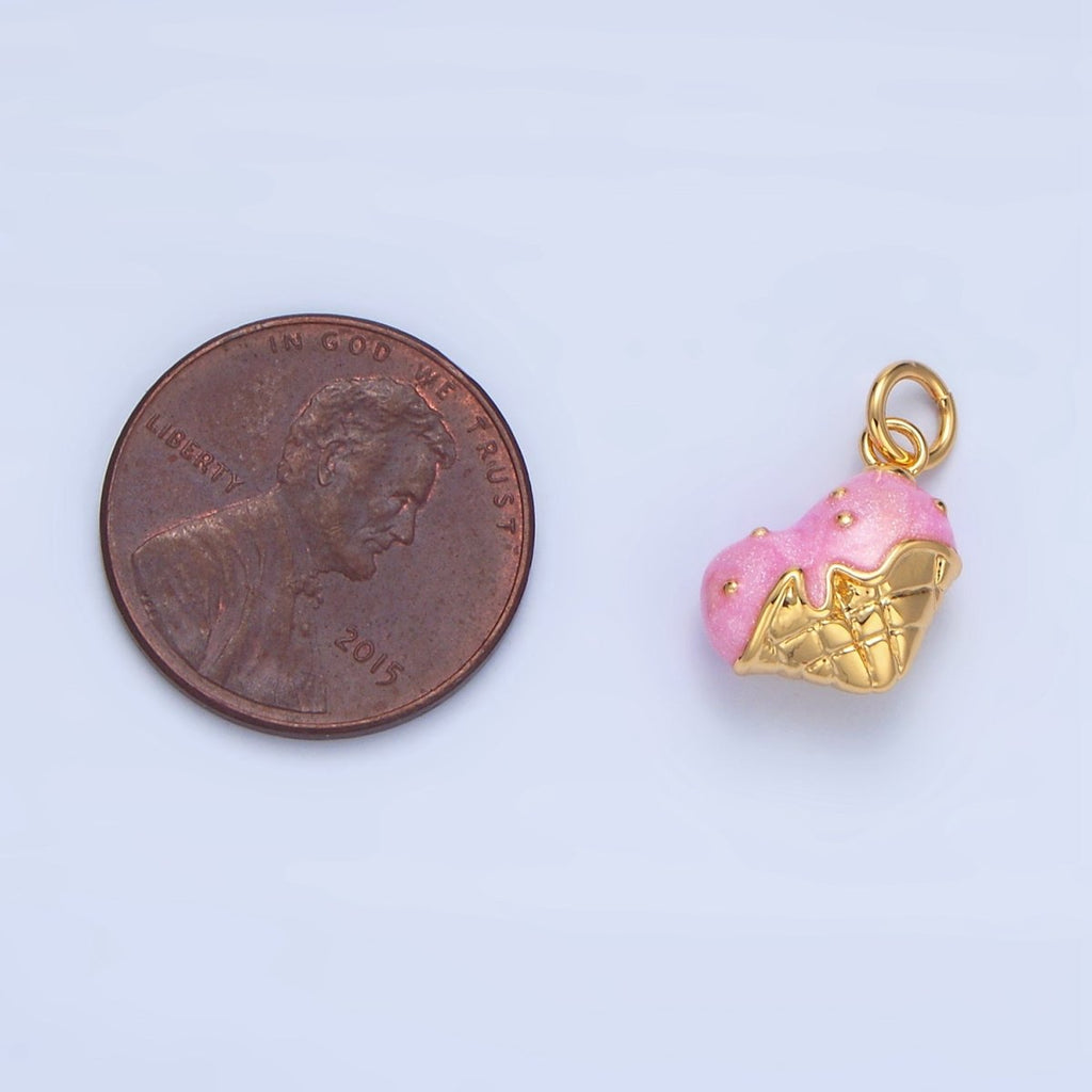 24K Gold plated Pink Enamel Double Ice Cream Cone Desert Charm | X835 - DLUXCA