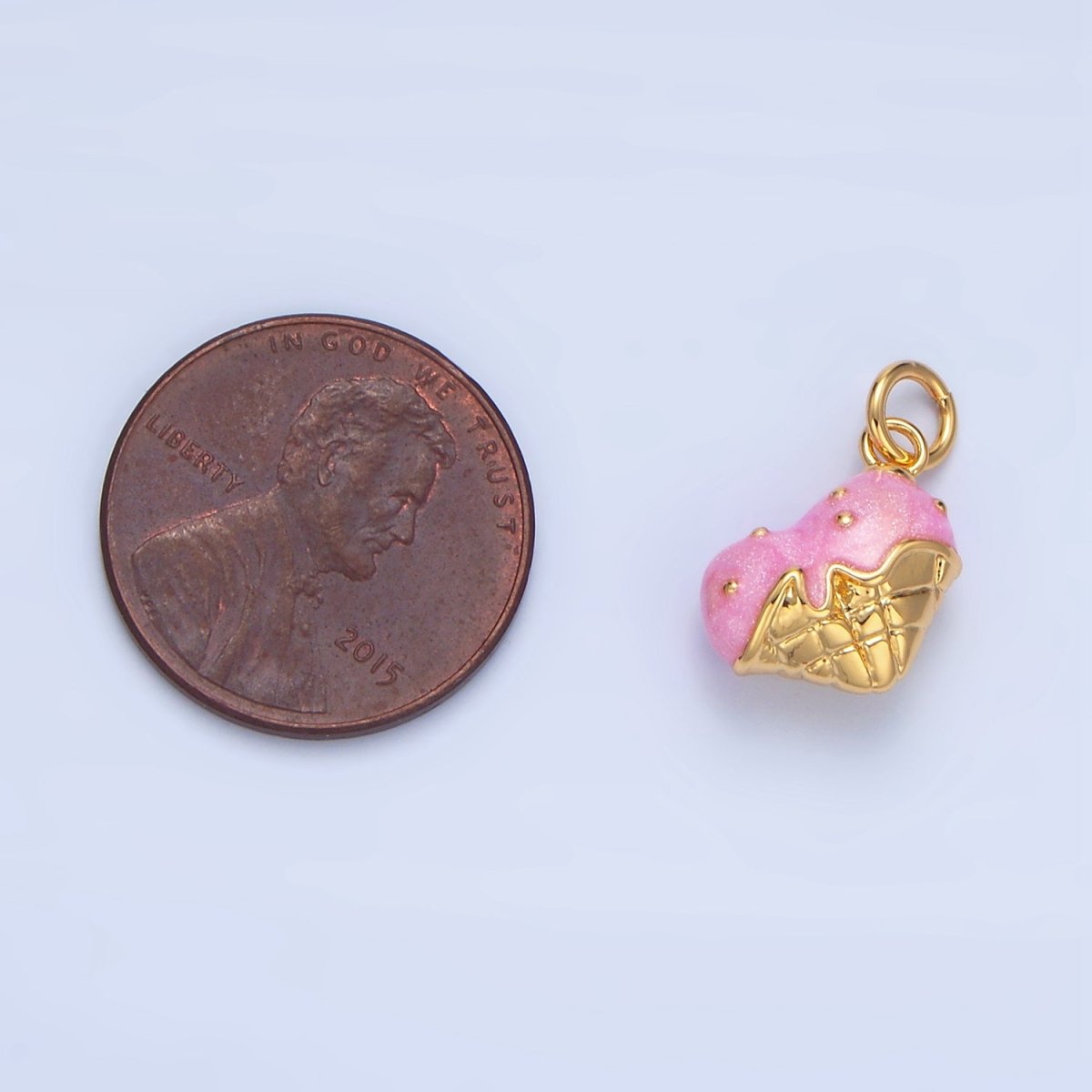 24K Gold plated Pink Enamel Double Ice Cream Cone Desert Charm | X835 - DLUXCA