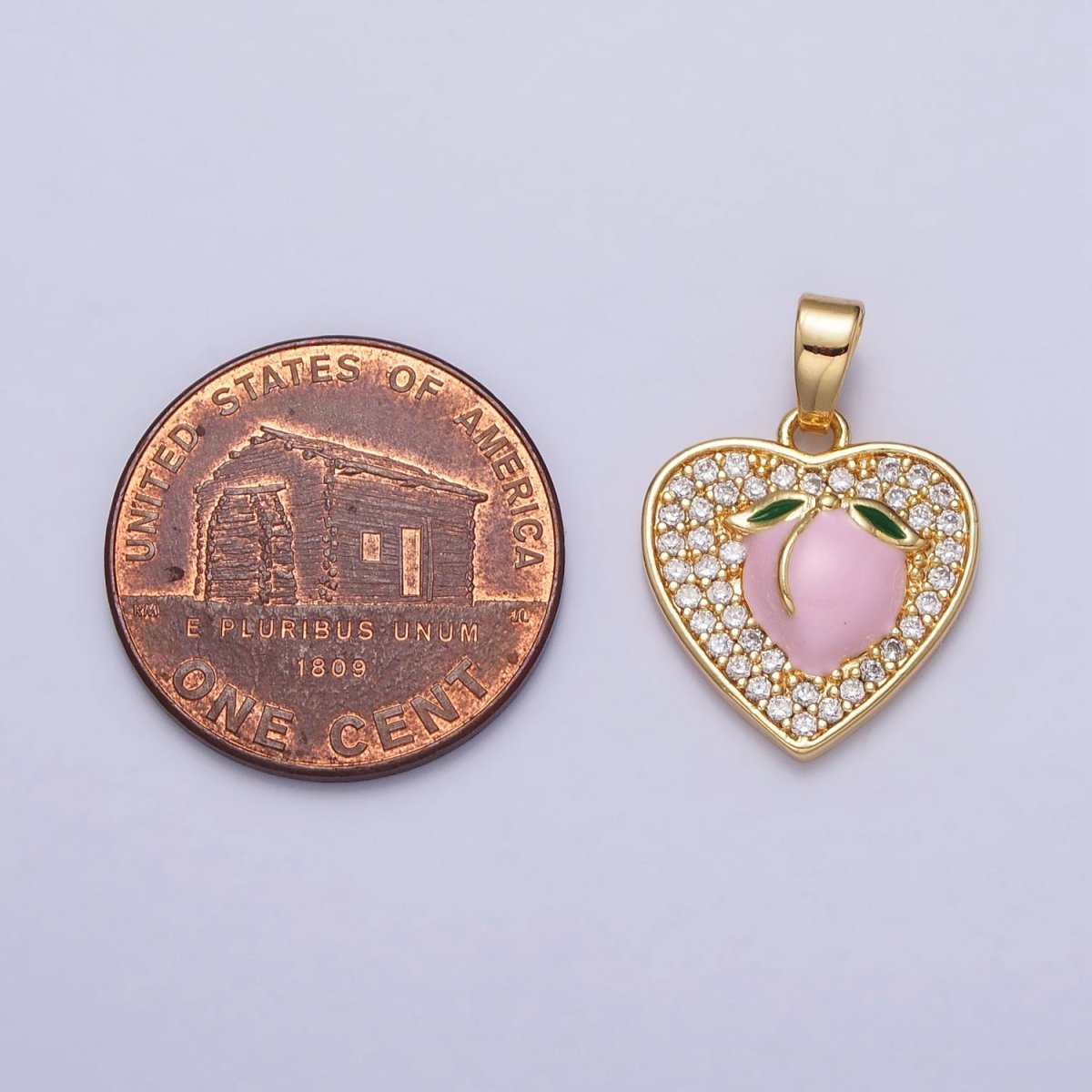24K Gold plated Pink Enamel Peach Fruit Clear Micro Paved Heart Pendant | AA107 - DLUXCA