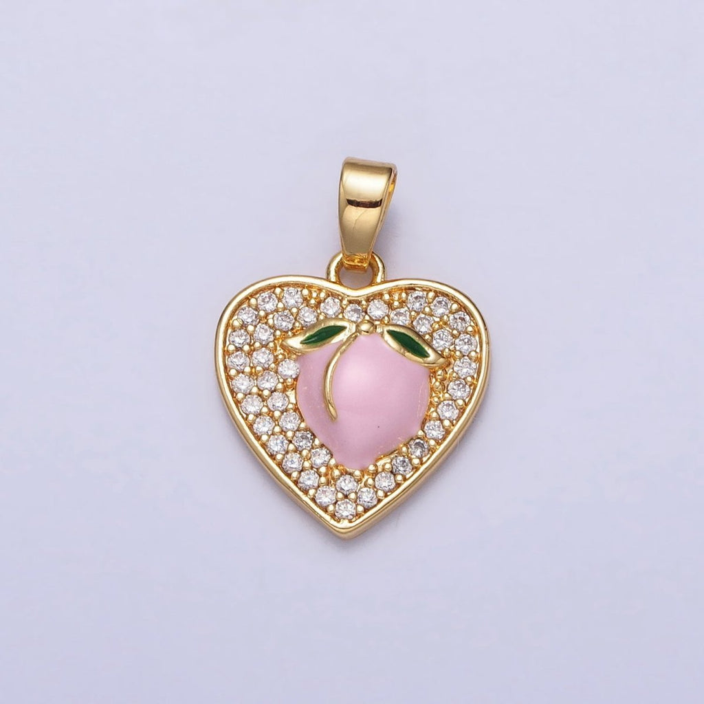 24K Gold plated Pink Enamel Peach Fruit Clear Micro Paved Heart Pendant | AA107 - DLUXCA