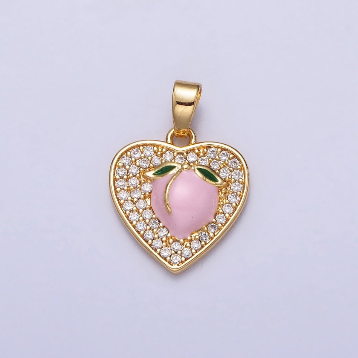 24K Gold plated Pink Enamel Peach Fruit Clear Micro Paved Heart Pendant | AA107 - DLUXCA