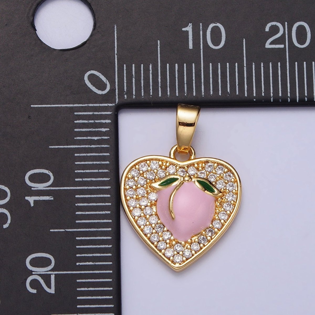 24K Gold plated Pink Enamel Peach Fruit Clear Micro Paved Heart Pendant | AA107 - DLUXCA