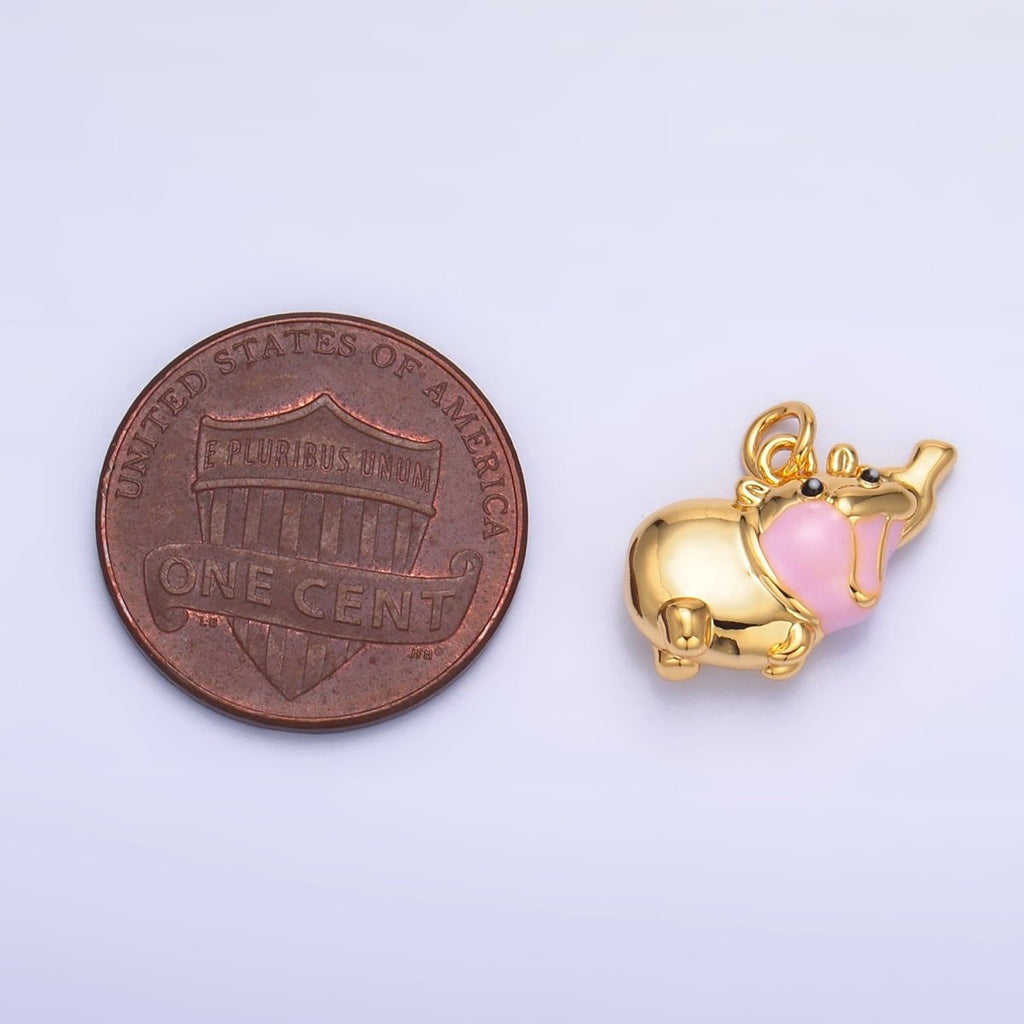 24K Gold plated Pink Enamel Rotund Hippopotamus Multidimensional 3D Animal Charm | W249 
