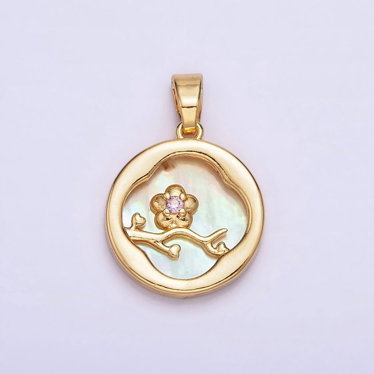 24K Gold plated Pink Flower CZ Branch Shell Pearl Quatrefoil Round Pendant | AA576 - DLUXCA