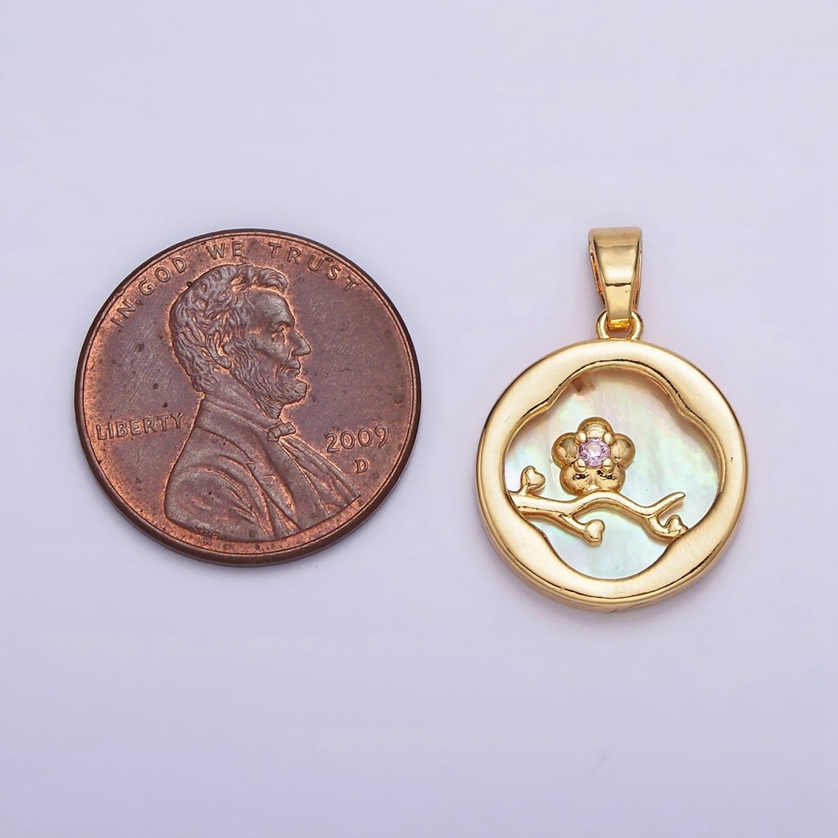24K Gold plated Pink Flower CZ Branch Shell Pearl Quatrefoil Round Pendant | AA576 - DLUXCA