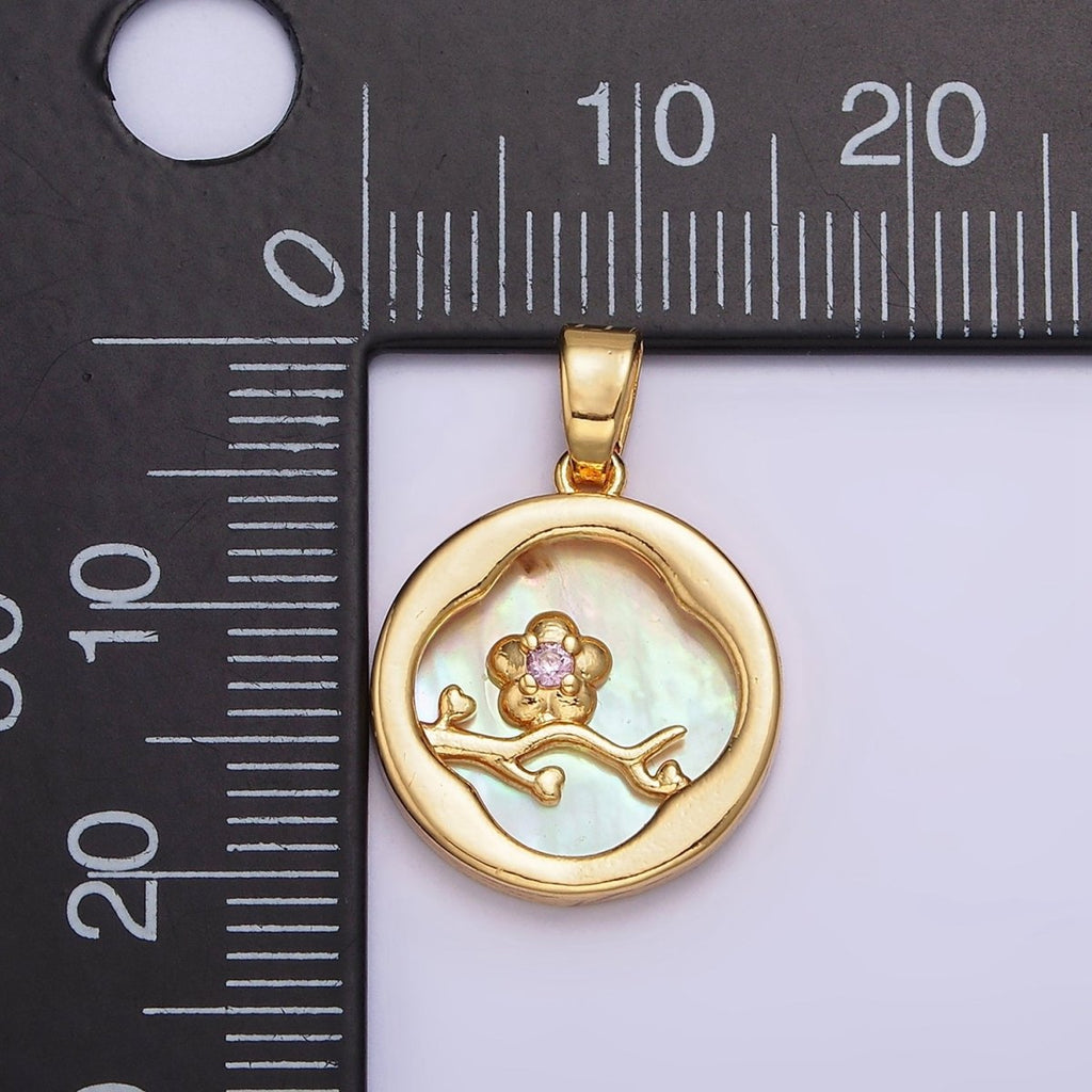 24K Gold plated Pink Flower CZ Branch Shell Pearl Quatrefoil Round Pendant | AA576 - DLUXCA