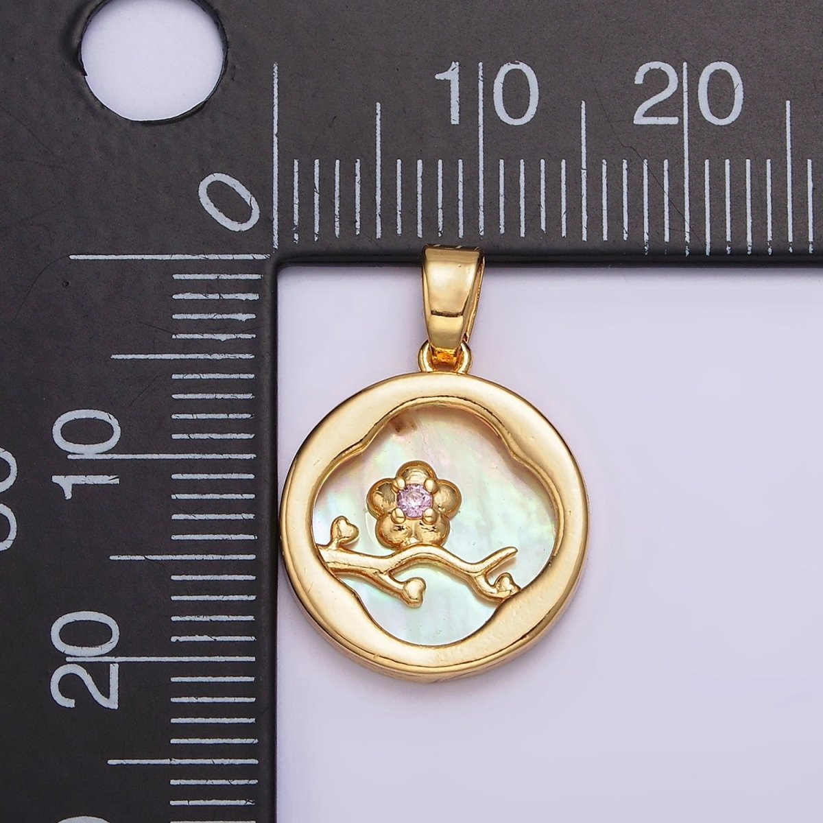 24K Gold plated Pink Flower CZ Branch Shell Pearl Quatrefoil Round Pendant | AA576 - DLUXCA