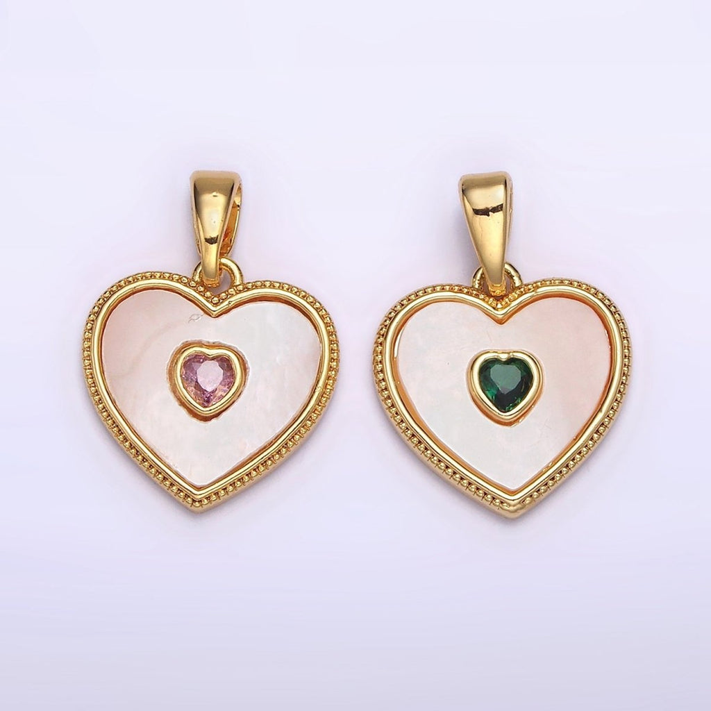 24K Gold plated Pink, Green CZ Shell Pearl Beaded Heart Pendant | AA573 AA574 - DLUXCA