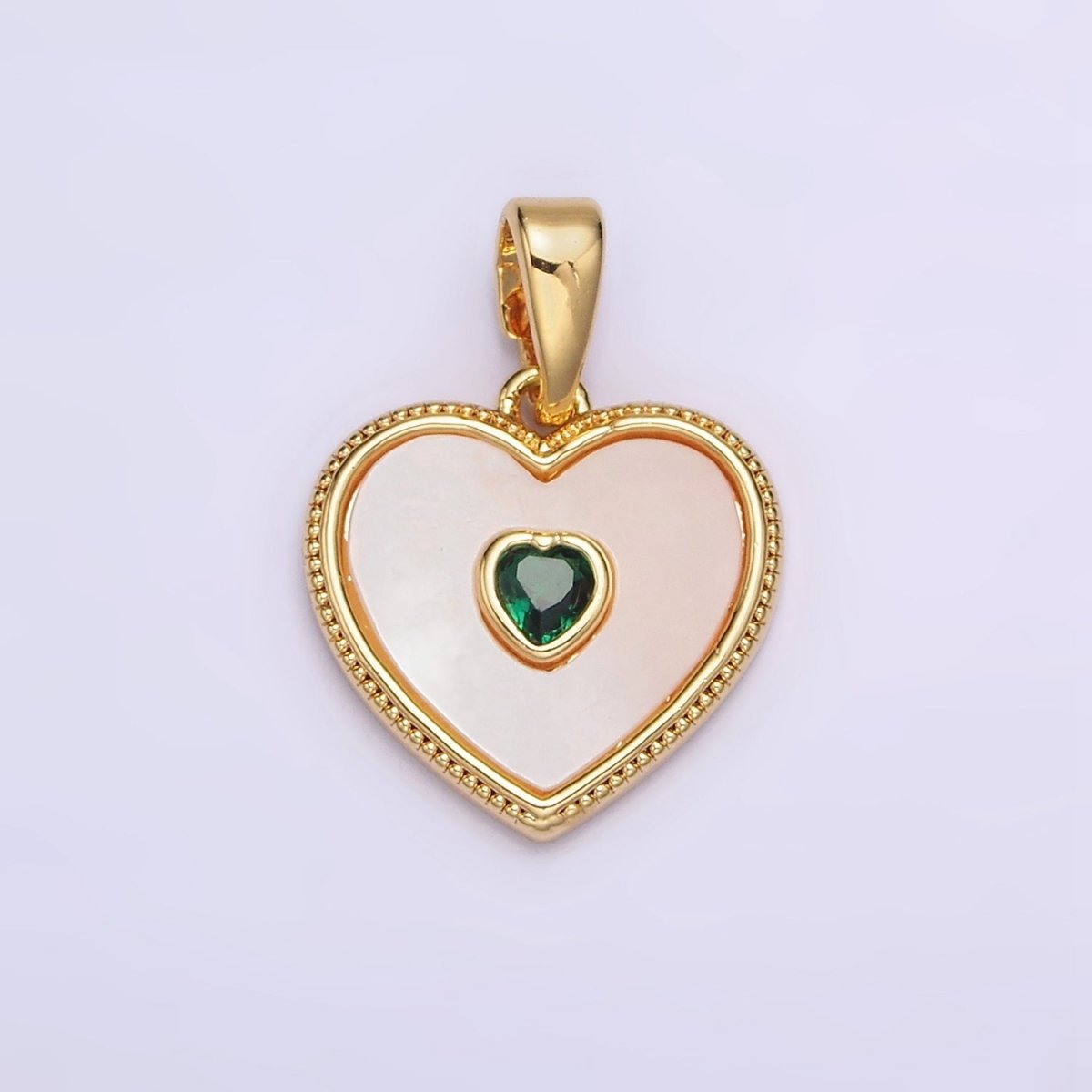 24K Gold plated Pink, Green CZ Shell Pearl Beaded Heart Pendant | AA573 AA574 - DLUXCA