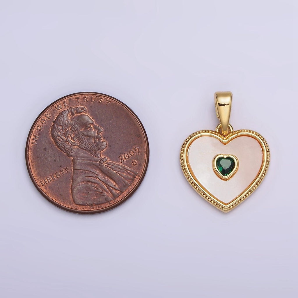 24K Gold plated Pink, Green CZ Shell Pearl Beaded Heart Pendant | AA573 AA574 - DLUXCA