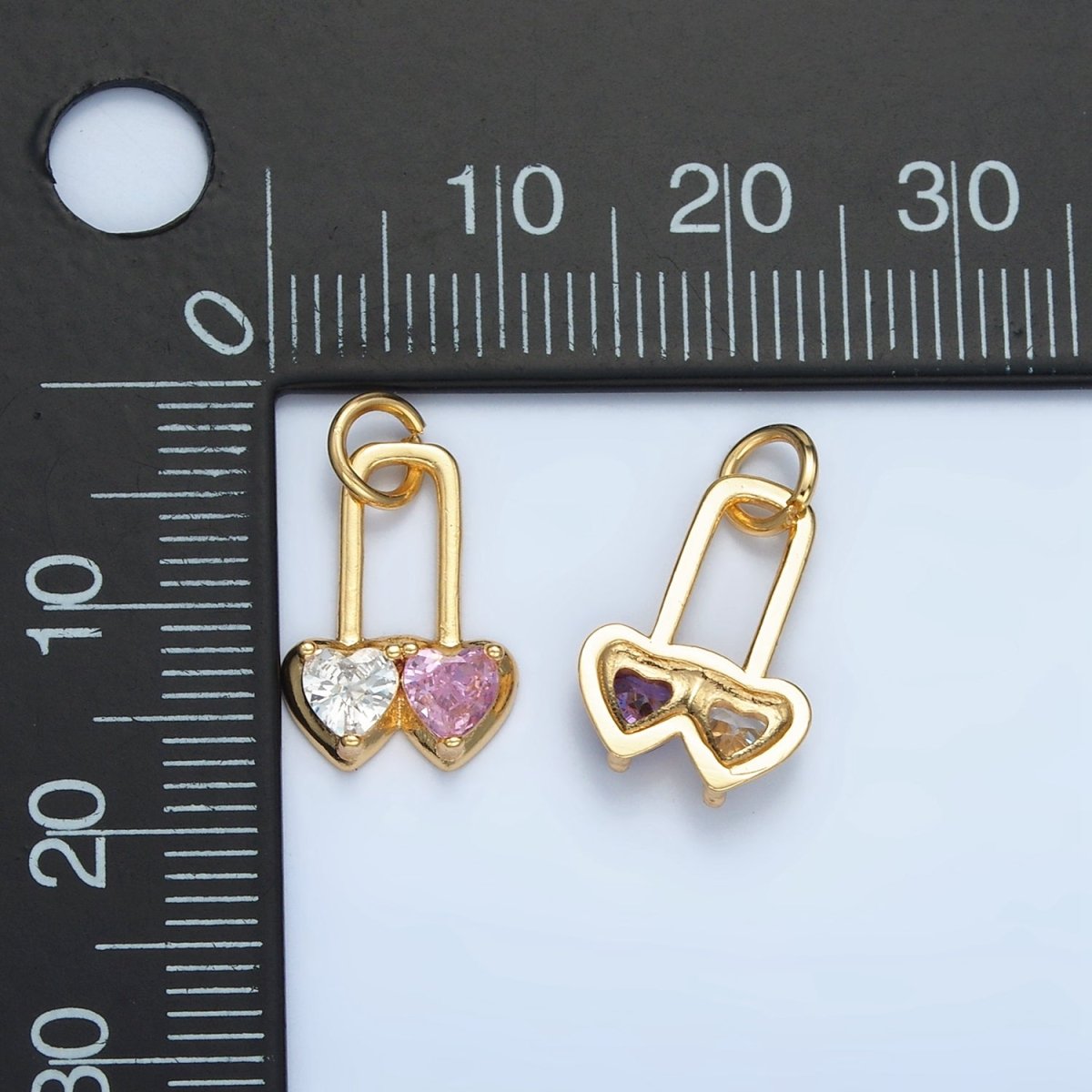 24K Gold plated Pink, Purple Double Heart Safety Pin Padlock Charm | W183 - DLUXCA