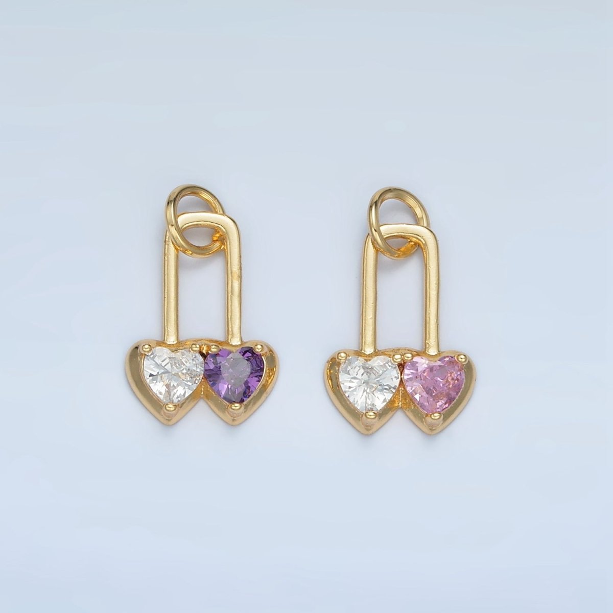 24K Gold plated Pink, Purple Double Heart Safety Pin Padlock Charm | W183 - DLUXCA
