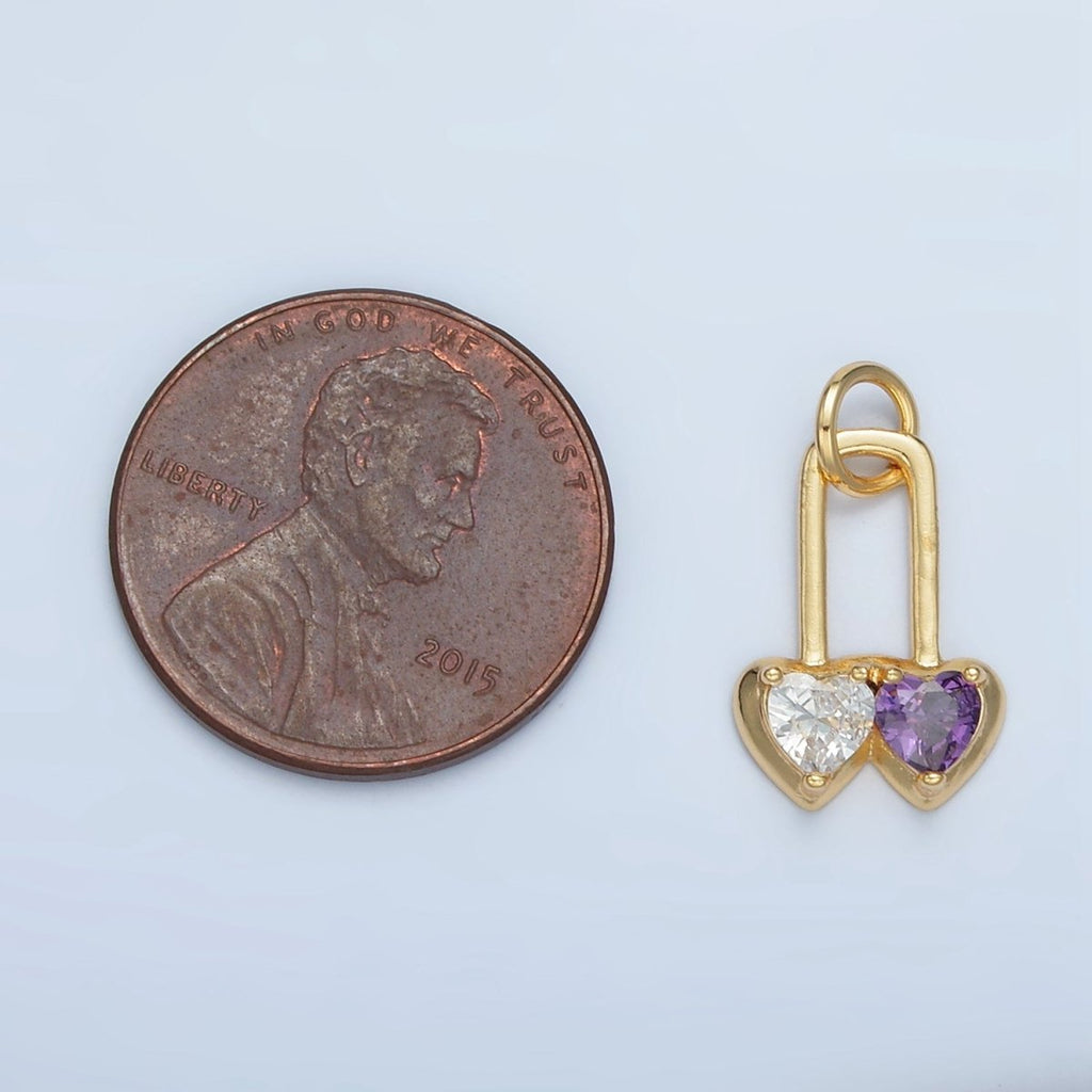 24K Gold plated Pink, Purple Double Heart Safety Pin Padlock Charm | W183 - DLUXCA