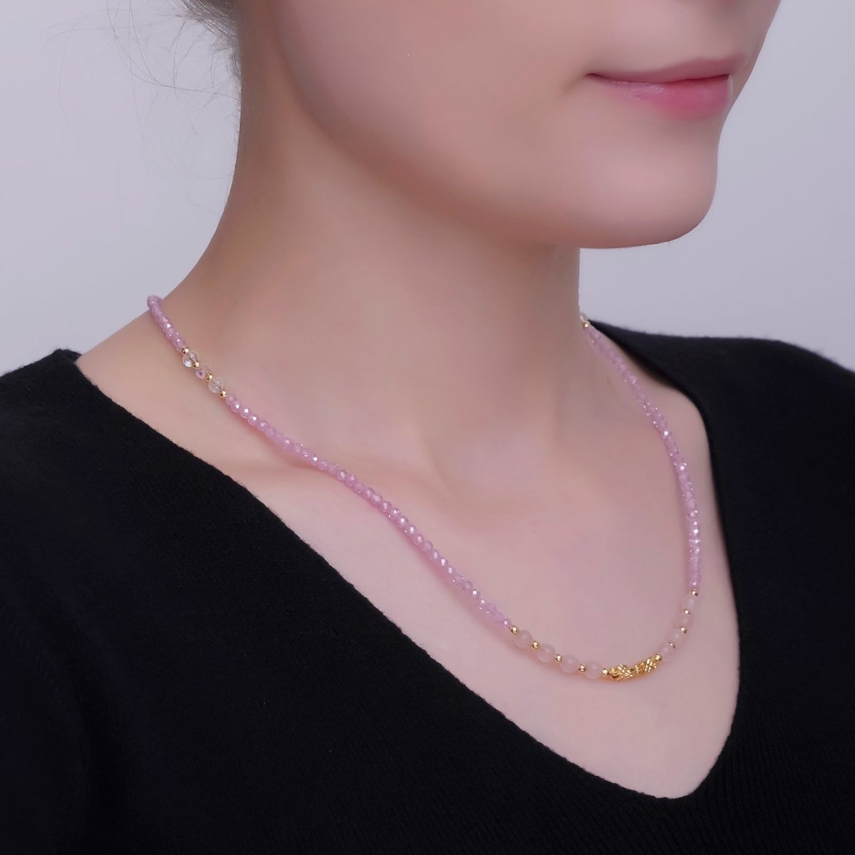 24K Gold plated Pink Quartz Multifaceted Crystal Gemstone 18 Inch Necklace | WA - 2875 